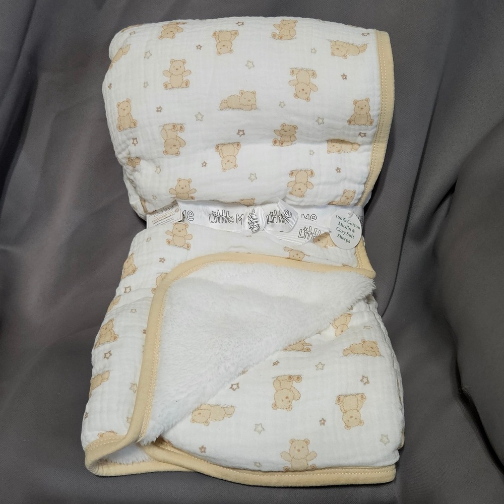 Little Me Teddy Bear Cotton Muslin and Soft Sherpa Baby Blanket White Tan NEW